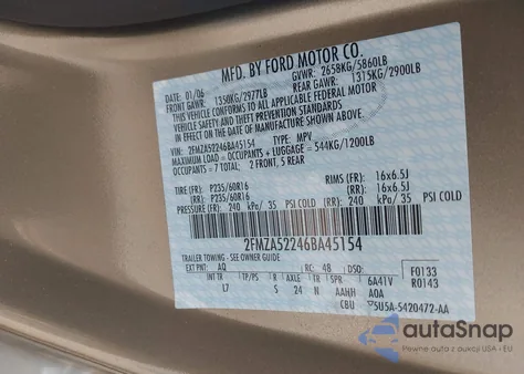 2006 Ford Freestar Sel z USA, uszkodzony, nr VIN 2FMZA52246BA45154